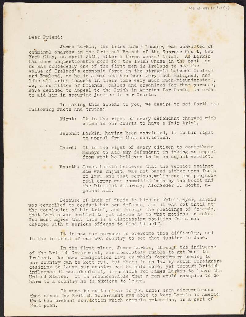 Open letter from the James Larkin Defence Committee describing perceived errors and injustices during Larkin's trial, and appealing for funds in order to lodge an appeal for Larkin's release and "vindicate American justice",