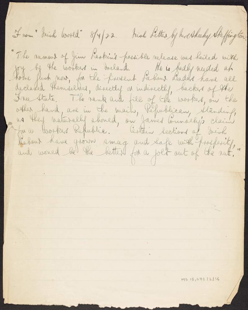 Extract from a letter by Hanna Sheehy-Skeffington proclaiming the need for James Larkin's release from prison, published in the 'Irish World', and transcribed and translated by William O'Brien,
