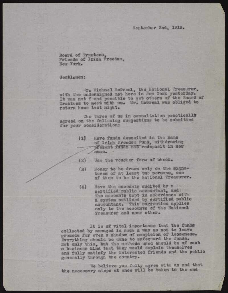 Partial copy letter from an unidentified author to the Board of Trustees of the Friends of Irish Freedom regarding the management of money collected for the General Fund,