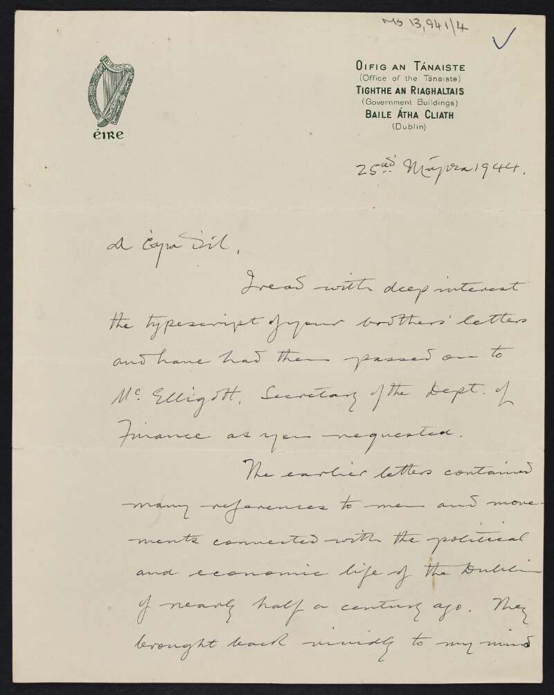 Letter from Seán T. Ó Ceallaigh to William O'Brien regarding the letters of Thomas J. O'Brien,