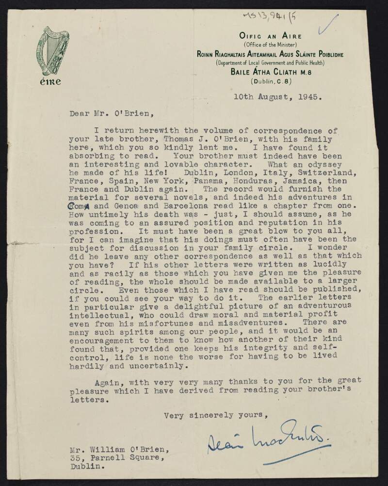 Letter from Seán MacEntee to William O'Brien regarding the letters of Thomas J. O'Brien,