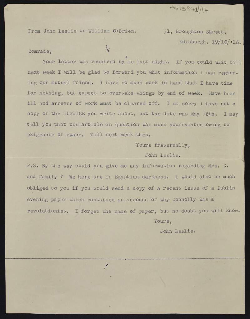 Copy of letter from John Leslie to William O'Brien agreeing to provide information [about James Connolly's life],