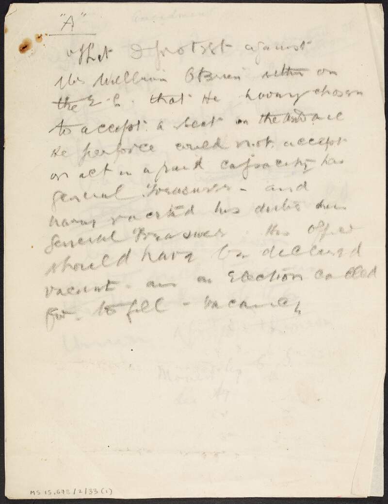 Manuscript drafts of objections to Irish Transport and General Workers' Union rules, made by James Larkin, and acknowledgment of same by William O'Brien,