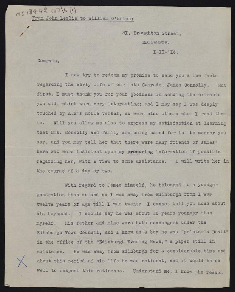 Copy of letter from John Leslie to William O'Brien providing details about James Connolly's life,