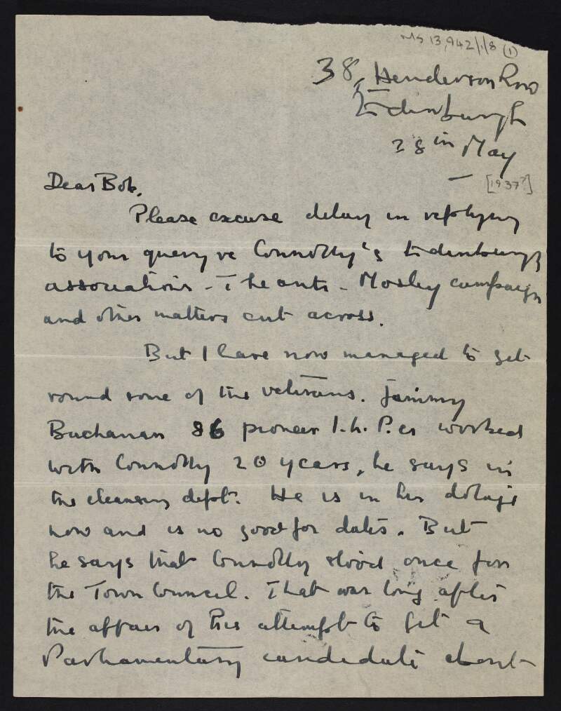 Letter from Fred Douglas to William O'Brien providing details about James Connolly's life in Edinburgh,