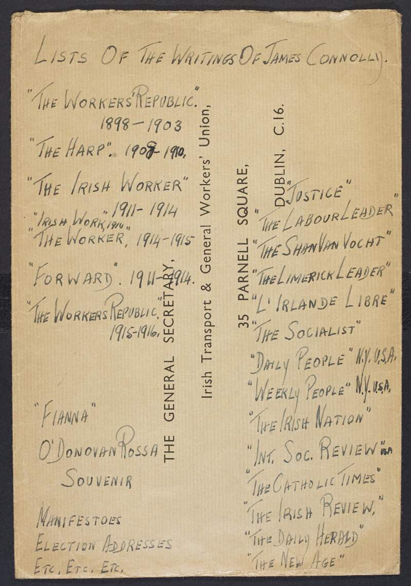 Envelope inscribed with "Lists of the writings of James Connolly",