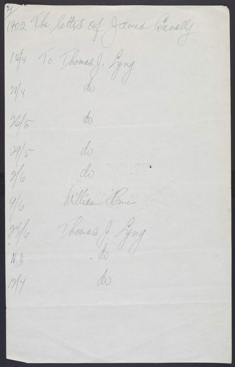 List by William O'Brien of the correspondence of James Connolly,