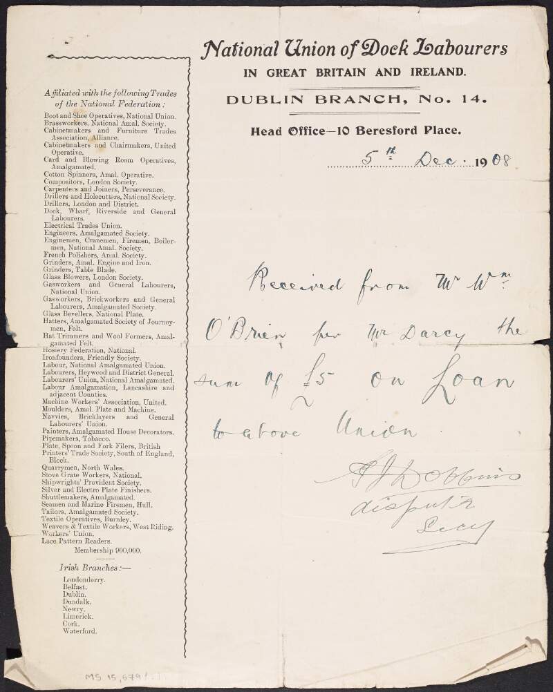 Letter from P.J. Dobbins, secretary of the National Union of Dock Labourers, to William O'Brien acknowledging receipt of a £5 loan,