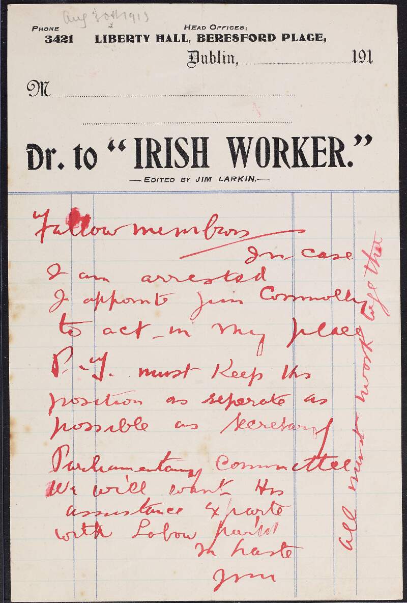Note from James Larkin to members of the Irish Transport and General Workers' Union,
