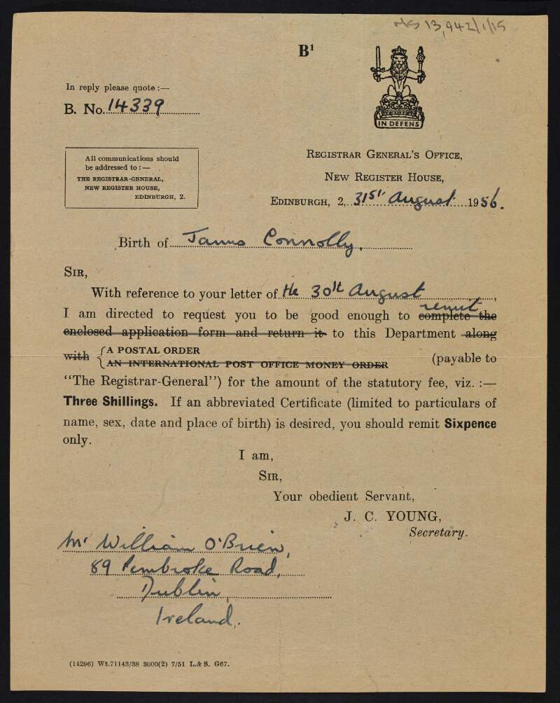 Letter from the Registrar General's Office of Scotland requesting payment of three shillings in order to obtain a birth certificate for James Connolly,
