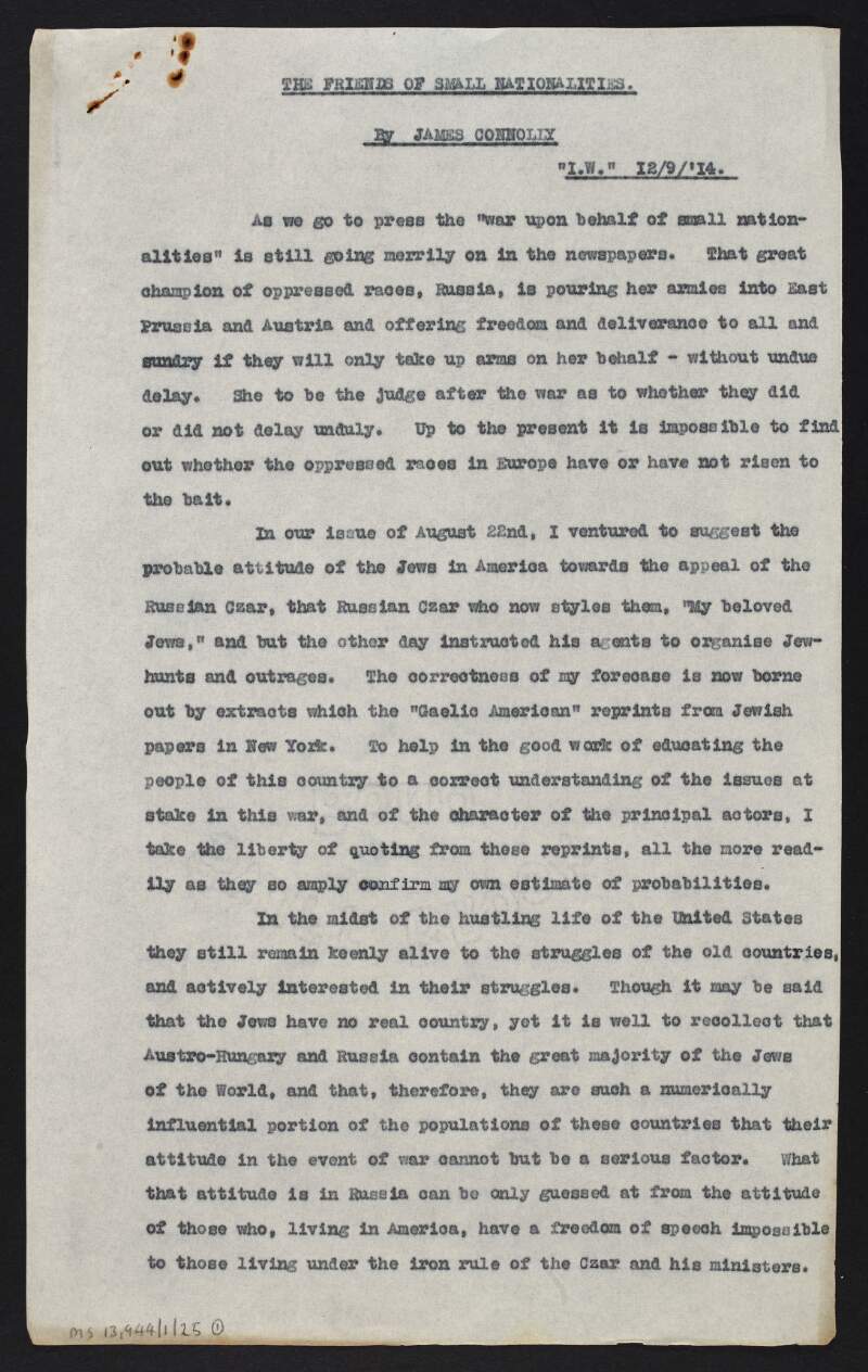 Typescript copy of article by James Connolly entitled 'The Friends of Small Nationalists' from 'The Irish Worker',