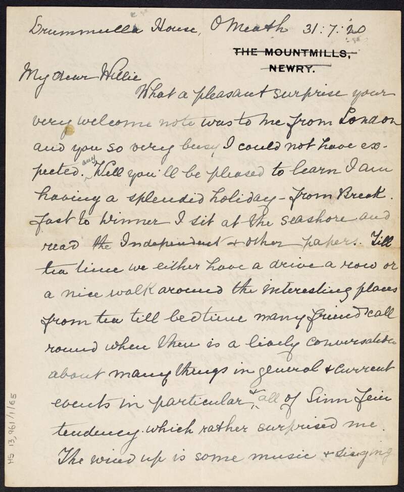 Letter from [Mim?] to William O'Brien thanking him for his letter from London and describing her holiday in Omeath, Co. Louth,