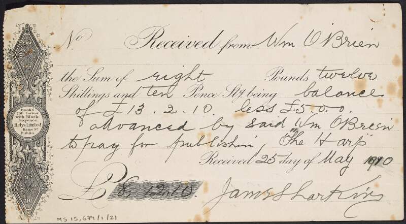 Receipt from James Larkin to William O'Brien for £8 12s 10d received,