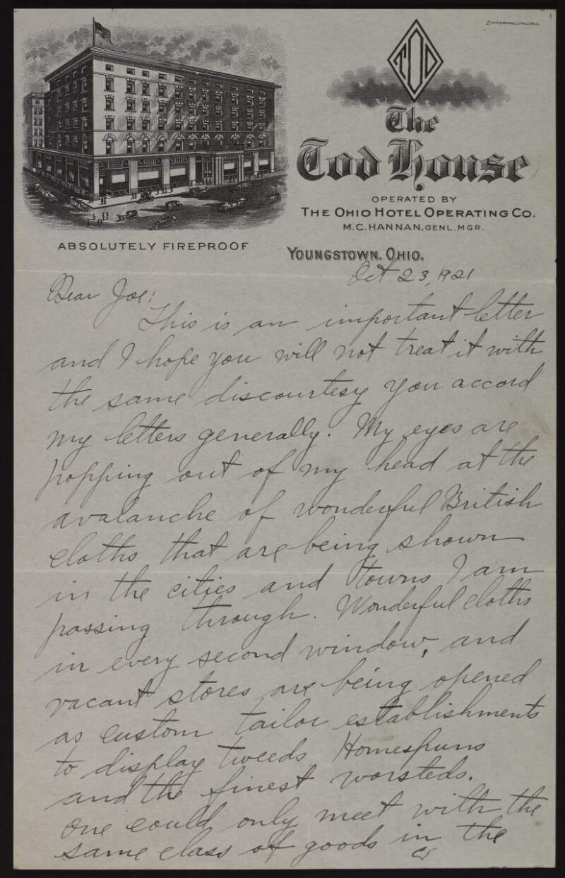Letter from Jim Sullivan to Joseph McGarrity regarding the "swamping of the American market" with English cloth and what Sullivan sees as the connected rise in the value of the British pound,