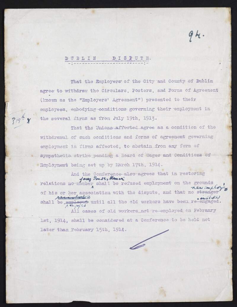 Draft basis for negotiations between the representatives of the employees and employers involved in the Dublin Lockout dispute,