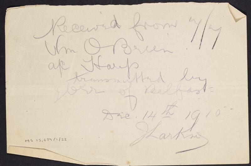 Manuscript receipt from James Larkin to William O'Brien for £7 7s received,