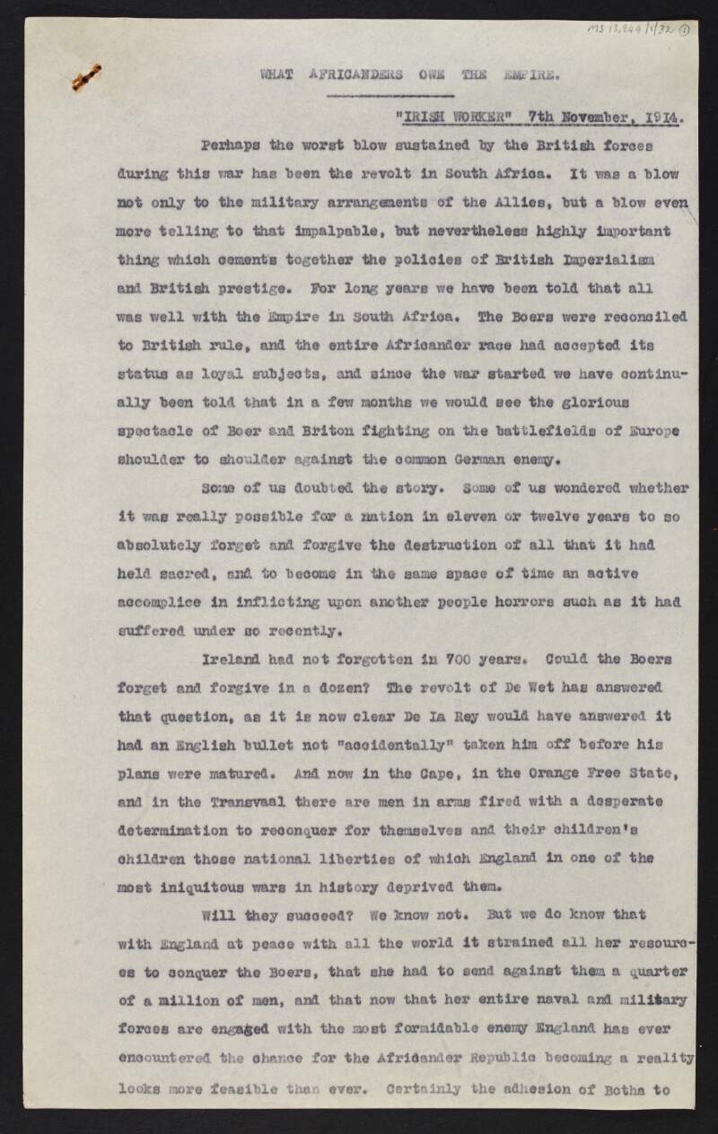Typescript copy of article by [James Connolly?] entitled 'What Africanders Owe the Empire' which focuses on the Boer's relationship with the British Empire,