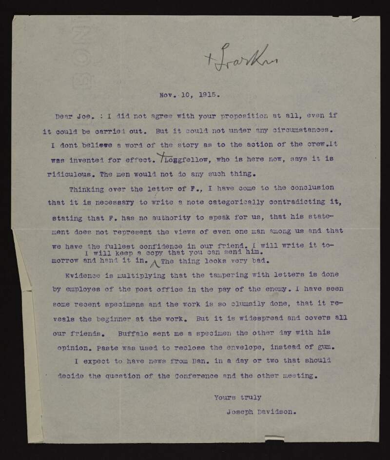 Letter from Joseph Davidson [John Devoy] to Joseph McGarrity disagreeing with McGarrity's proposition and denying the truthfulness of the story as to the action of the crew,