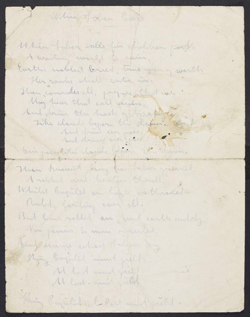 Manuscript draft of song by James Connolly titled 'When Labor Calls',