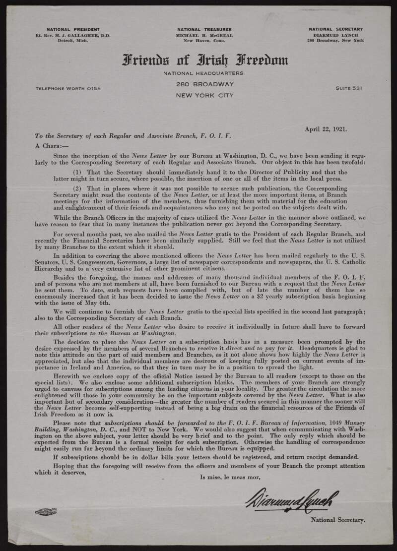 Circular letter from Diarmuid Lynch to Branch Secretaries of the Friends of Irish Freedom regarding the publication of the society's newsletter which will now become a subscription service,