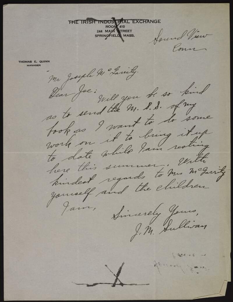 Letter from James M. Sullivan to Joseph McGarrity asking him to send the manuscript of Sullivan's book back for emendations,