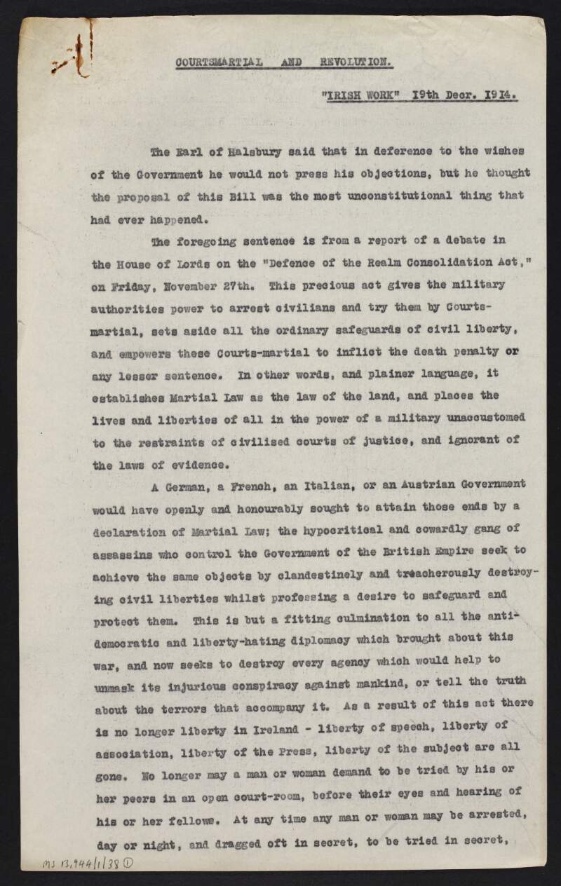 Typescript copy of article by [James Connolly?] entitled 'Courtsmartial and Revolution' which discusses the British goverment's proposal to bring in legislation called the "Defence of the Realm Consolidation Act",
