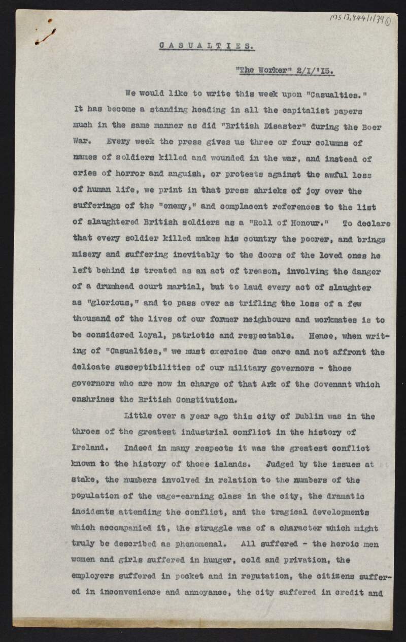 Typescript copy of article by [James Connolly?] entitled 'Casualties' in which talks about the war and 1913 Lockout,