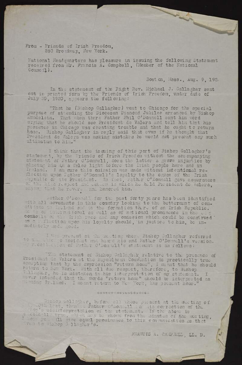 Memorandum by the Friends of Irish Freedom quoting a statement by Francis A. Campbell clarifying the comments made by Fr. Phil O'Donnell to Bishop Michael J. Gallagher which seemed to be an attack on Éamon De Valera and the Irish Republic,