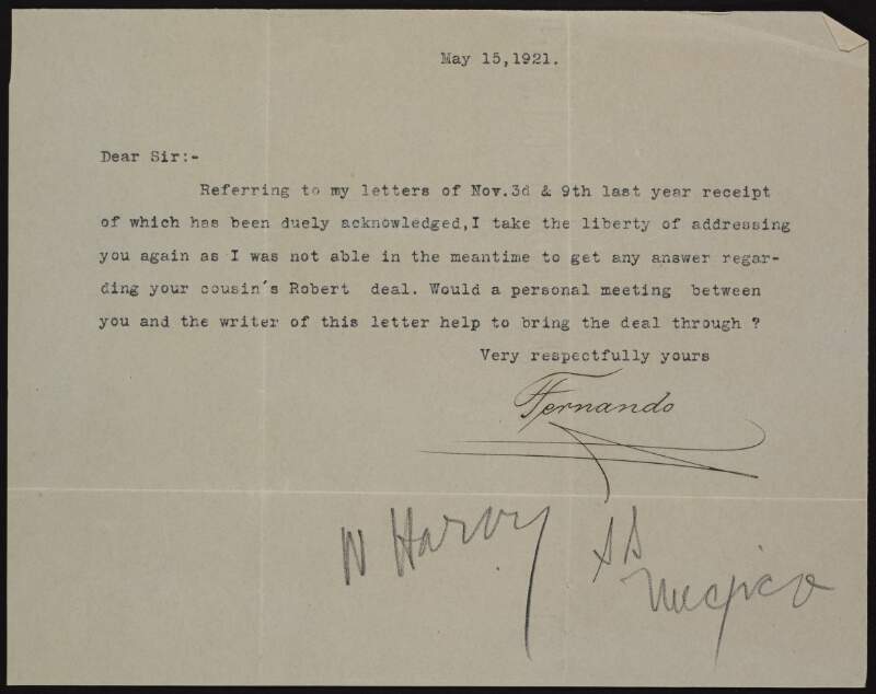 Note between unidentified recipients regarding "your cousin Robert's deal". Note by Joseph McGarrity reads "N. Harvey, S.S. Mexico",