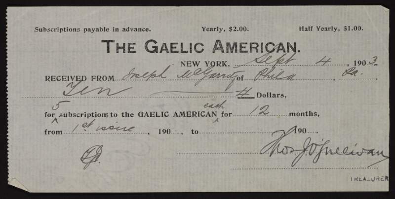 Receipt from Thomas J. O'Sullivan to Joseph McGarrity for a twelve month subscription to 'The Gaelic American',