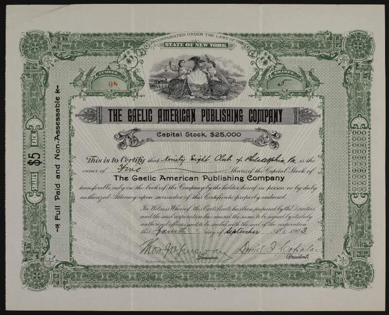 Share certificate from The Gaelic American Publishing Company to the Ninety Eight Club of Philadelphia for five shares, signed by Daniel F. Cohalan and Thomas J. O'Sullivan,