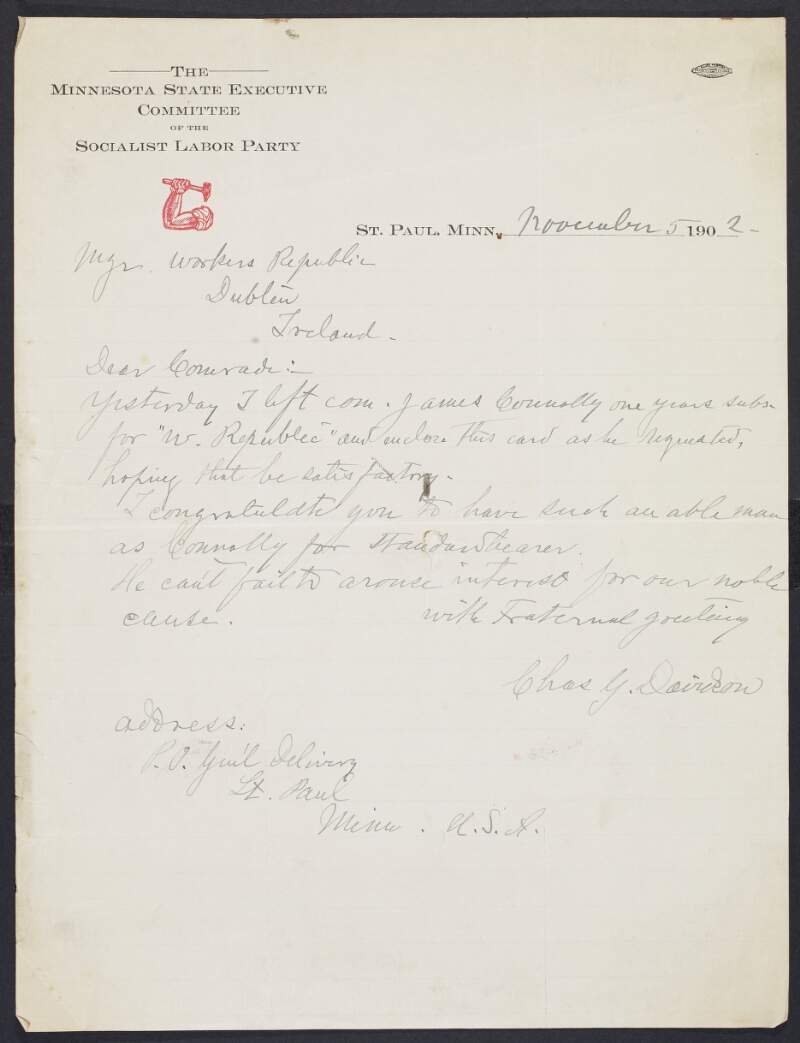 Letter from Charles G. Davidson, St. Paul, Minnesota, to the 'Workers' Republic', Dublin, regarding a subscription to the paper,