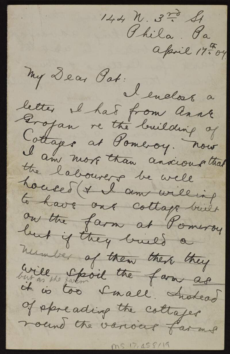 Letter from Joseph McGarrity to Patrick McCartan regarding the building of cottages on his land in Pomeroy, Co. Tyrone,