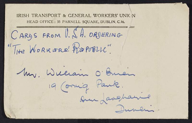 Subscription cards for the 'Workers' Republic' from subscribers in the United States and Canada following James Connolly's lecture tour in the United States,