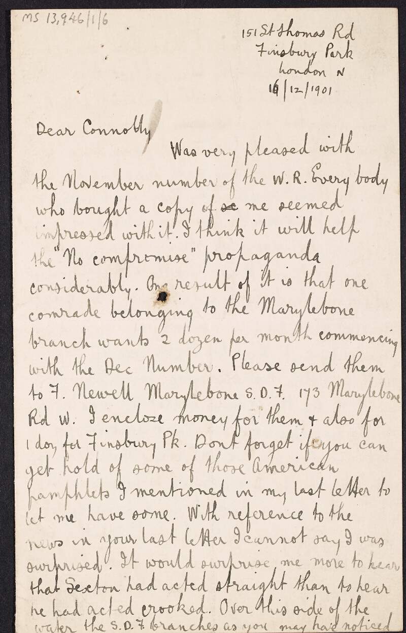 Letter from Percy Friedberg to James Connolly saying he was pleased with the November issue of 'The Workers' Republic' and believes it will help the "No Compromise" propaganda considerably,