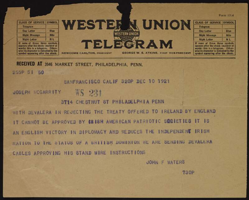 Telegram and confirmation copy from John F. Waters to Joseph McGarrity expressing his support of Éamon De Valera's rejection of the Anglo-Irish Treaty,