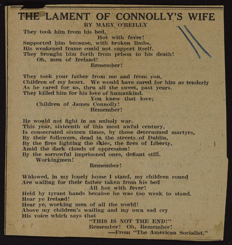 Newspaper cutting with a poem by Mary O'Reilly titled 'The Lament of Connolly's Wife',