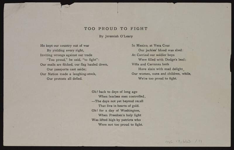Poem by Jeremiah O'Leary titled 'Too Proud to Fight' attacking Woodrow Wilson, with two cartoons on the reverse,