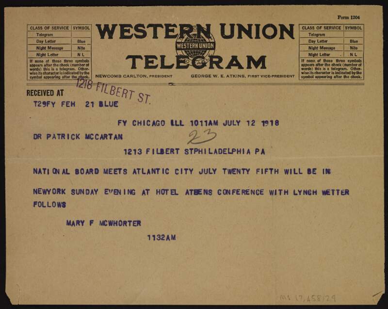 Telegram from Mary F. McWhorter to Patrick McCartan informing him of a meeting of the National Board in Atlantic City,