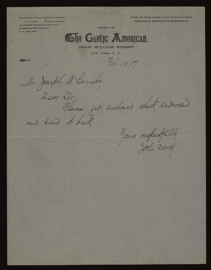 Letter from John Devoy to Joseph McGarrity enclosing a cheque and asking for it to be returned,