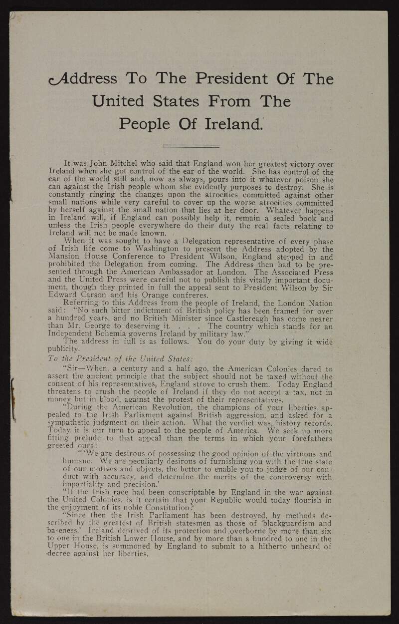 Pamphlet issued by the Friends of Irish Freedom titled 'Address to the President of the United States from the People of Ireland',