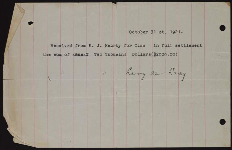 Receipt issued by Lawrence De Lacy: "Received from E. J. Hearty for Clan in full settlement the sum of two thousand dollars ($2000.00)",