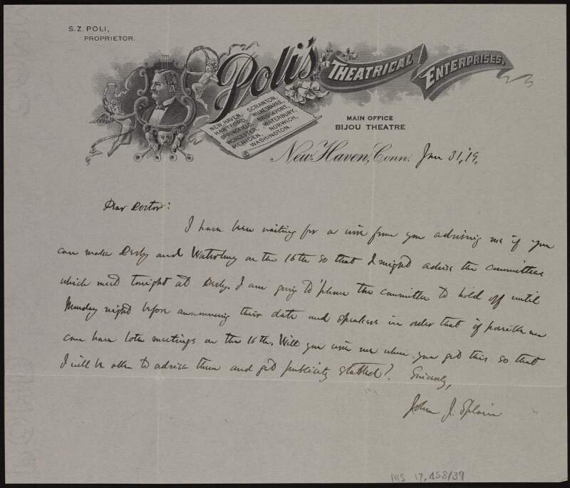 Letter from John J. Splain to [Patrick McCartan] arranging for the hiring of a hall in Waterbury and in Derby on 16th February,