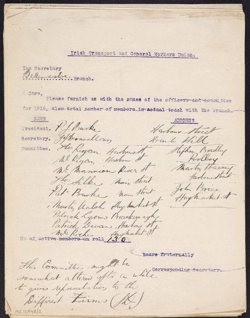 Notice from the corresponding secretary of the I.T.G.W.U., to the Ballinasloe branch asking them to furnish him with the names of the officers and committee for 1918,