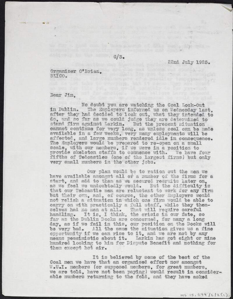 Copy-letter from a member of the Irish Transport and General Workers' Union to James "Jim" O'Brien, Sligo branch organiser, asking him to take on the job of assigning workers to coal-mines affected by a Workers' Union of Ireland strike,