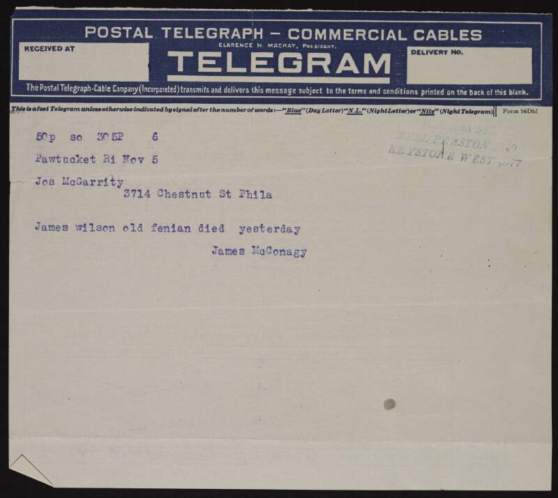 Telegram from James McConaghy to Joseph McGarrity informing him of the death of James Wilson, an old Fenian,