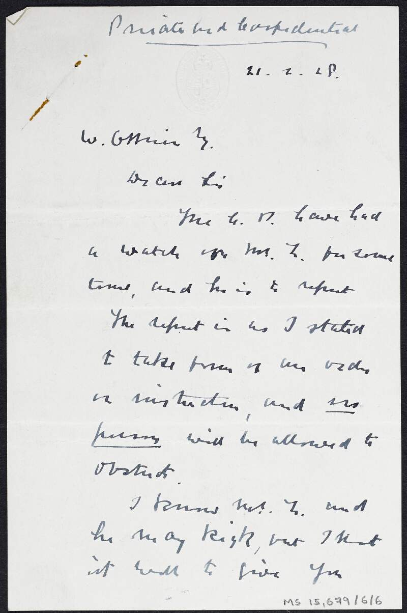 Letter from Joseph Sullivan M.P. to William O'Brien, informing him that James Larkin is being watched by the Communist Party,