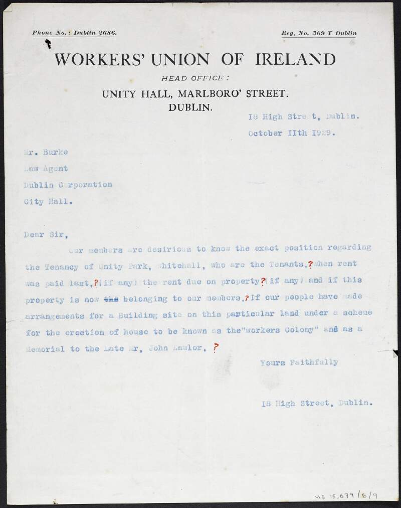 Draft letter from John Bohan, Workers' Union of Ireland, to "Mr. Burke", Dublin Corporation law agent's office, requesting information about property at Unity Park, Whitehall, rented by the Union,