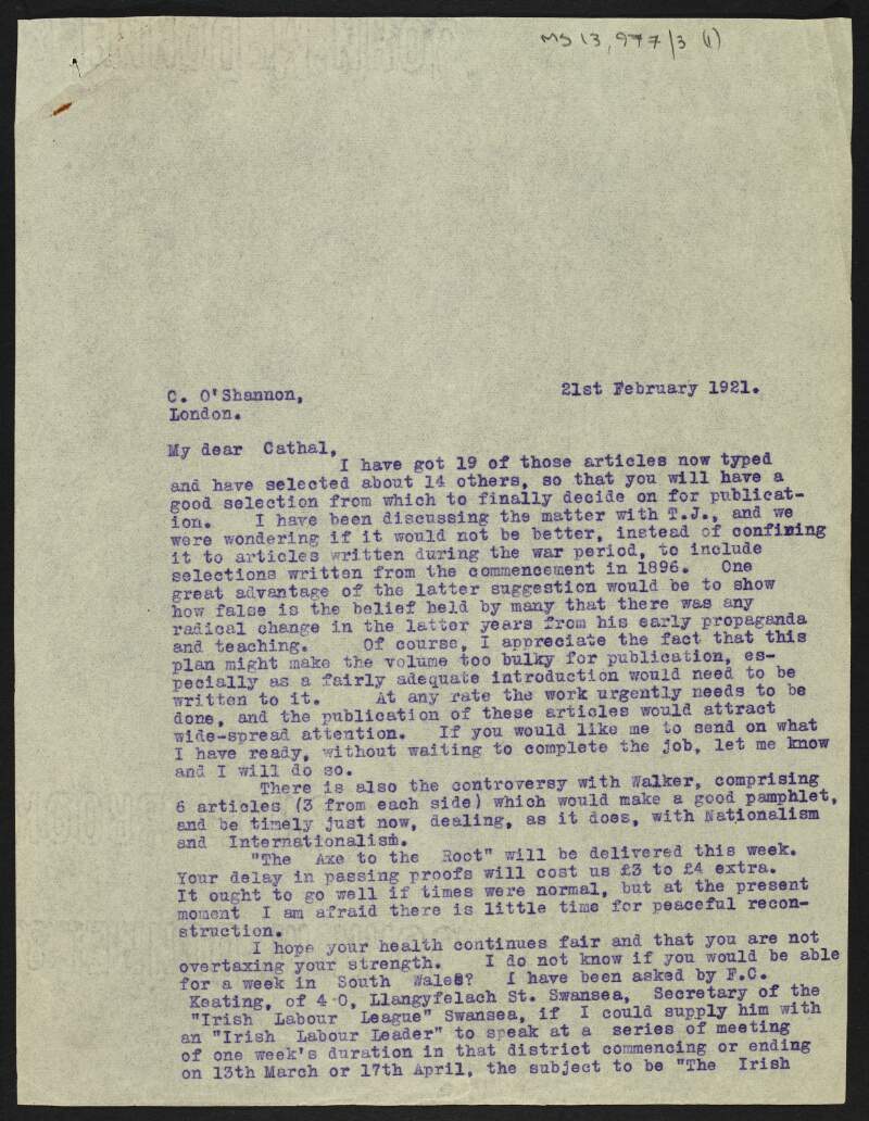 Copy of letter from William O'Brien to Cathal O'Shannon regarding the selection of writings [by James Connolly] for publication,