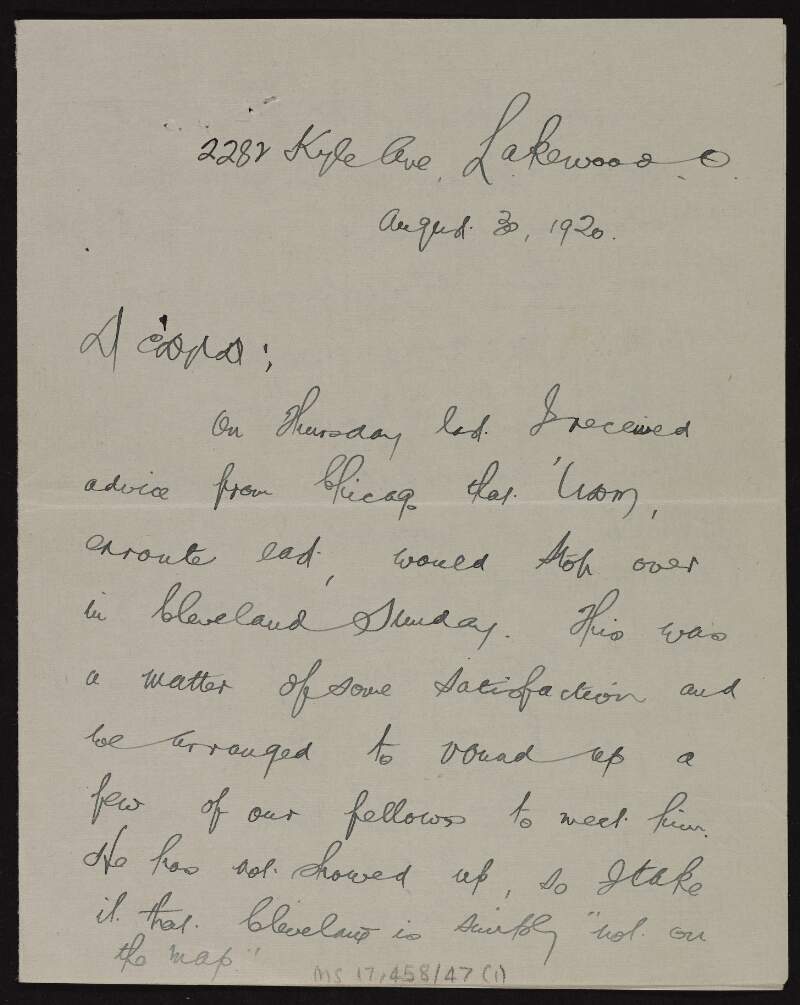 Letter from J.B. Cavanagh to Patrick McCartan deploring that "Cleveland is simply not on the map" and stating that "the paper is doing good",